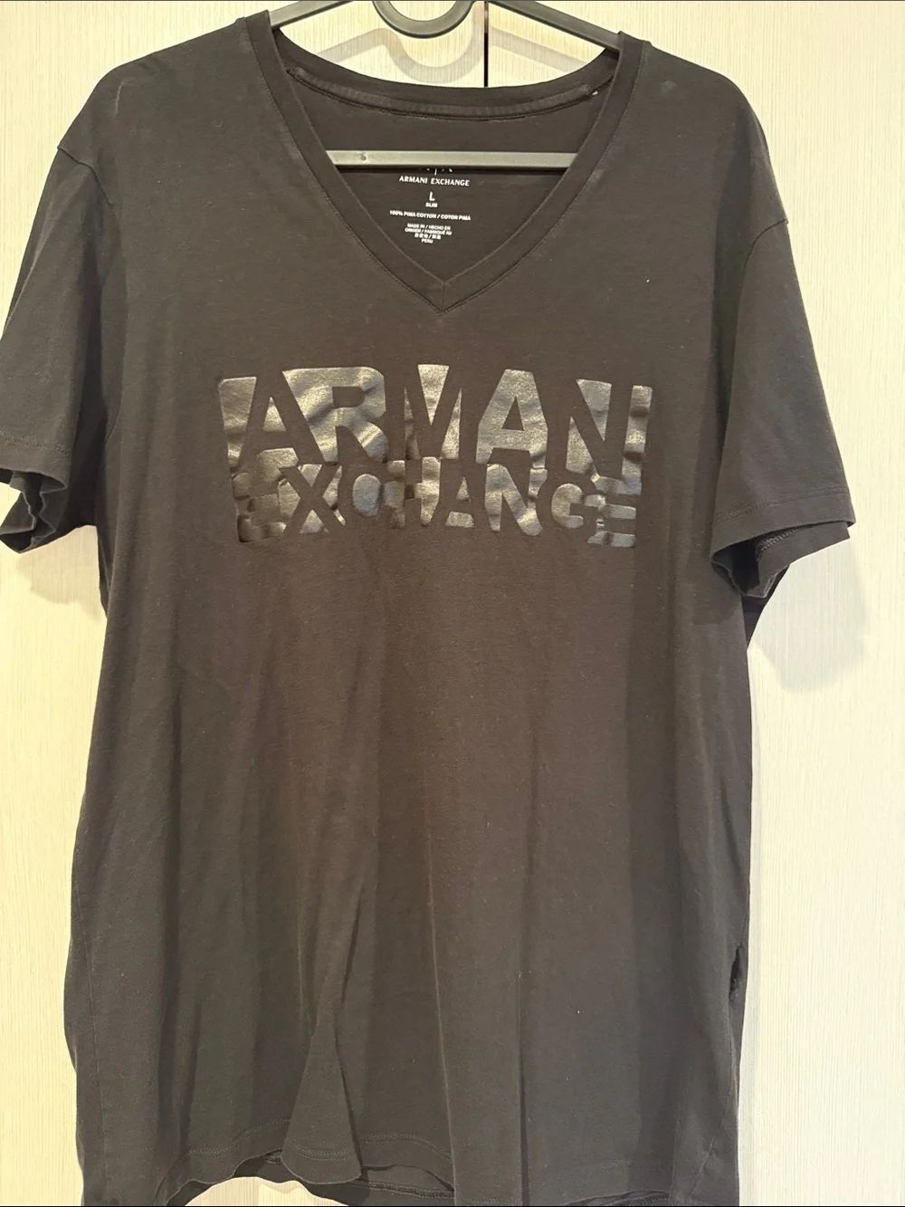 Armani Exchange Black V-Neck Logo Tee with Glossy Chest Print